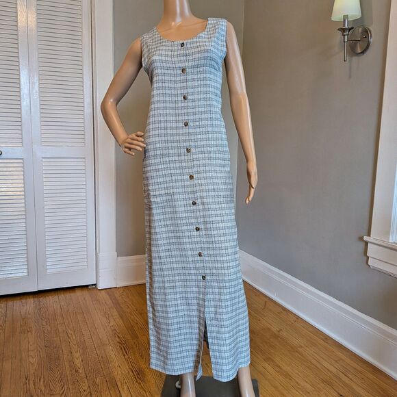 Vintage 90s AMI Knit Plaid Maxi Dress Button Front Gray Pockets Minimalist L - Picture 9 of 9